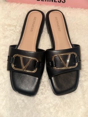 NWT Black Slide Sandals with Gold Accent